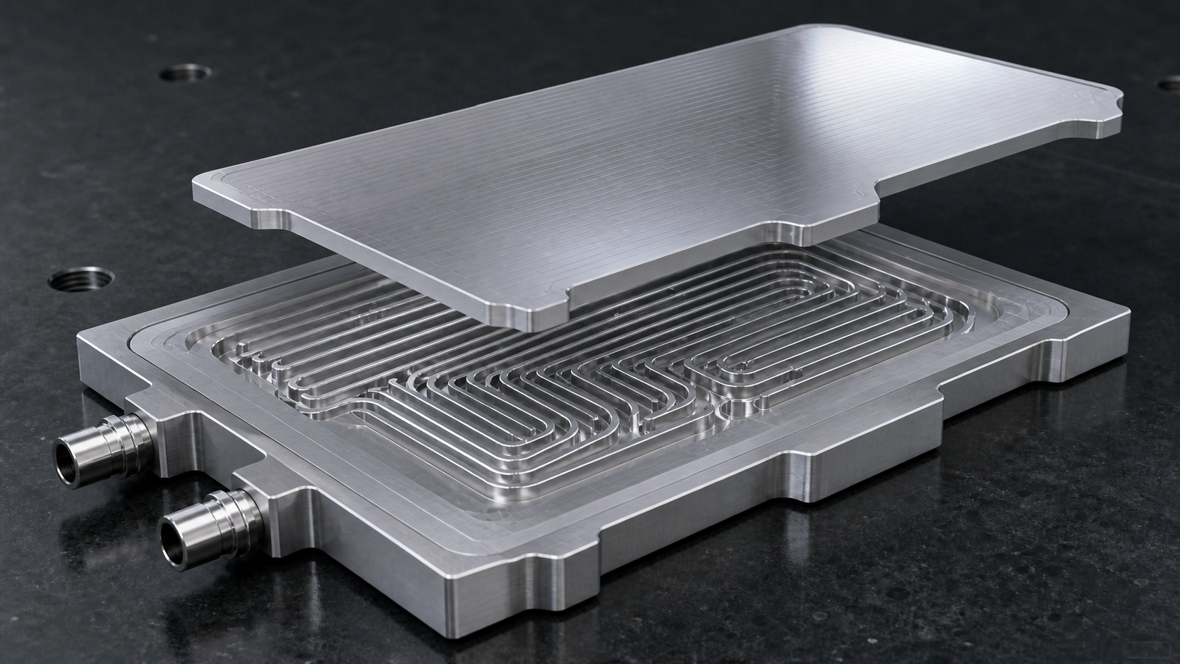 Conceptual cutaway of a two-piece metallic cold plate with machined flow channels and a permanently joined cover