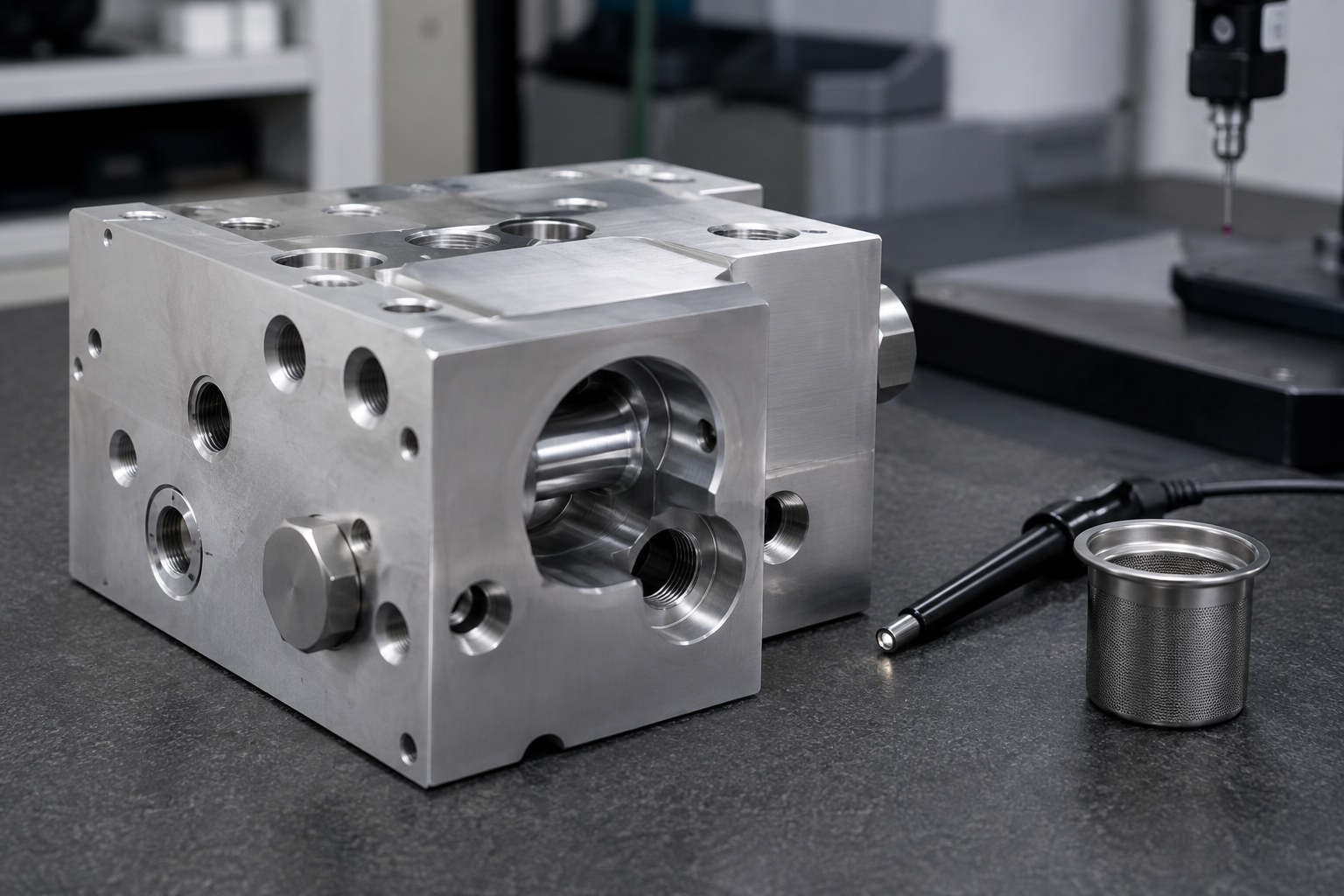 Conceptual studio view of a machined aluminum liquid-cooling manifold beside a borescope and debris capture cup