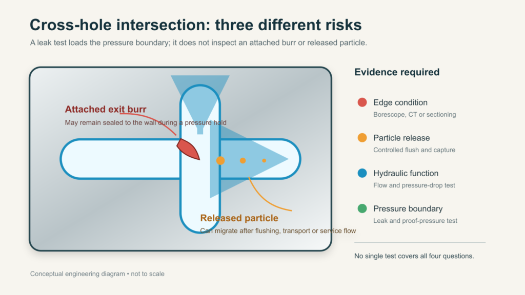 Cross-section of intersecting manifold bores showing burr, released particles and four separate evidence layers