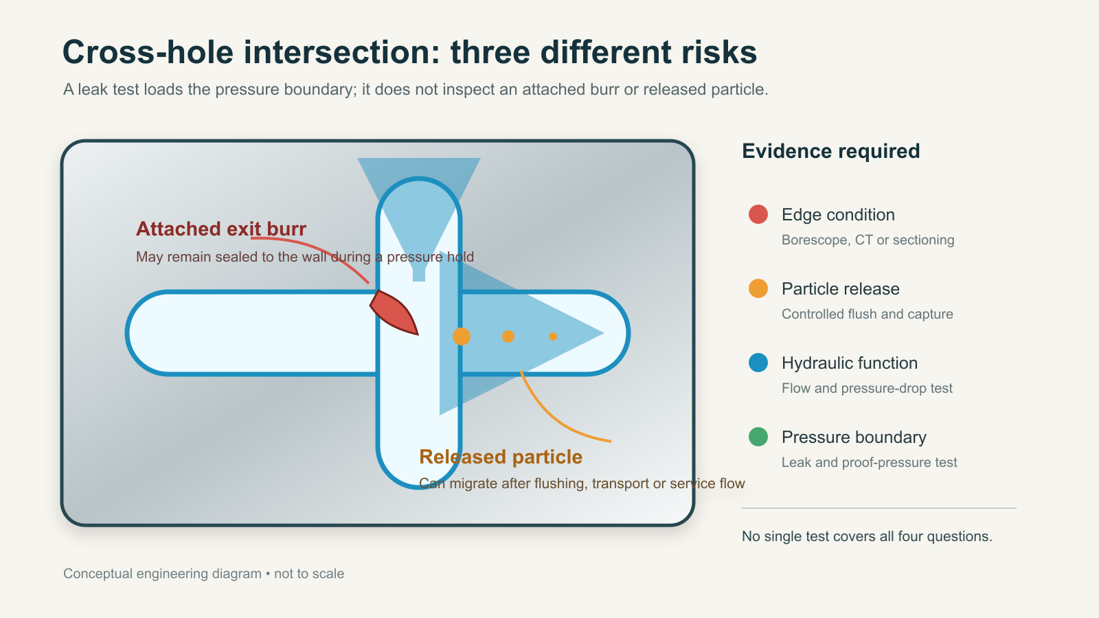 Cross-section of intersecting manifold bores showing an attached exit burr, released particles and the separate evidence needed for edge condition, cleanliness, hydraulic function and sealing