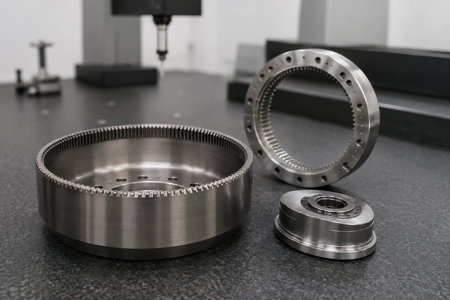 Conceptual metrology-lab view of an unbranded cup-like flexspline, circular spline and wave-generator components arranged for inspection