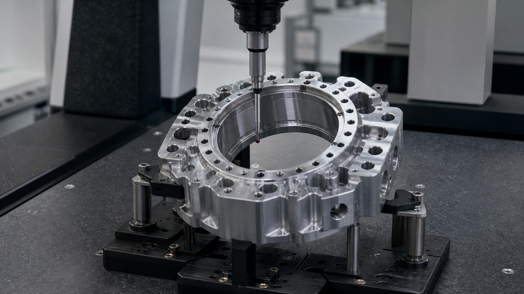 Conceptual industrial inspection scene showing a robot joint housing measured on a coordinate measuring machine