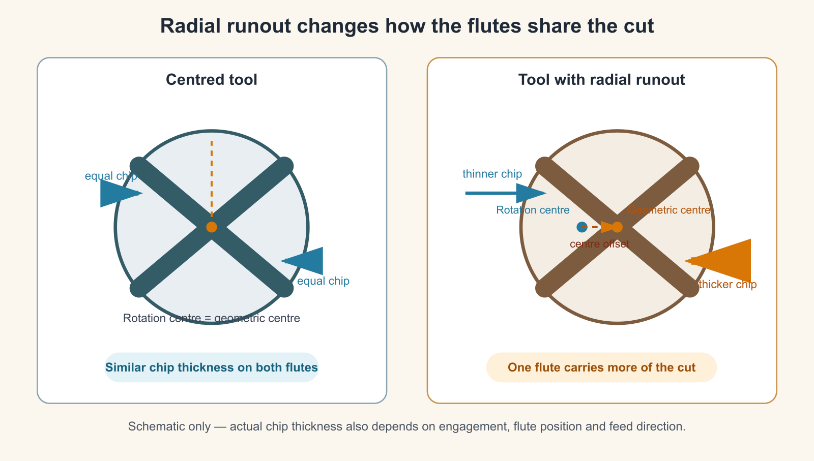 Schematic top view showing equal chip thickness on a centred two-flute end mill and unequal chip thickness when radial runout offsets the tool centre