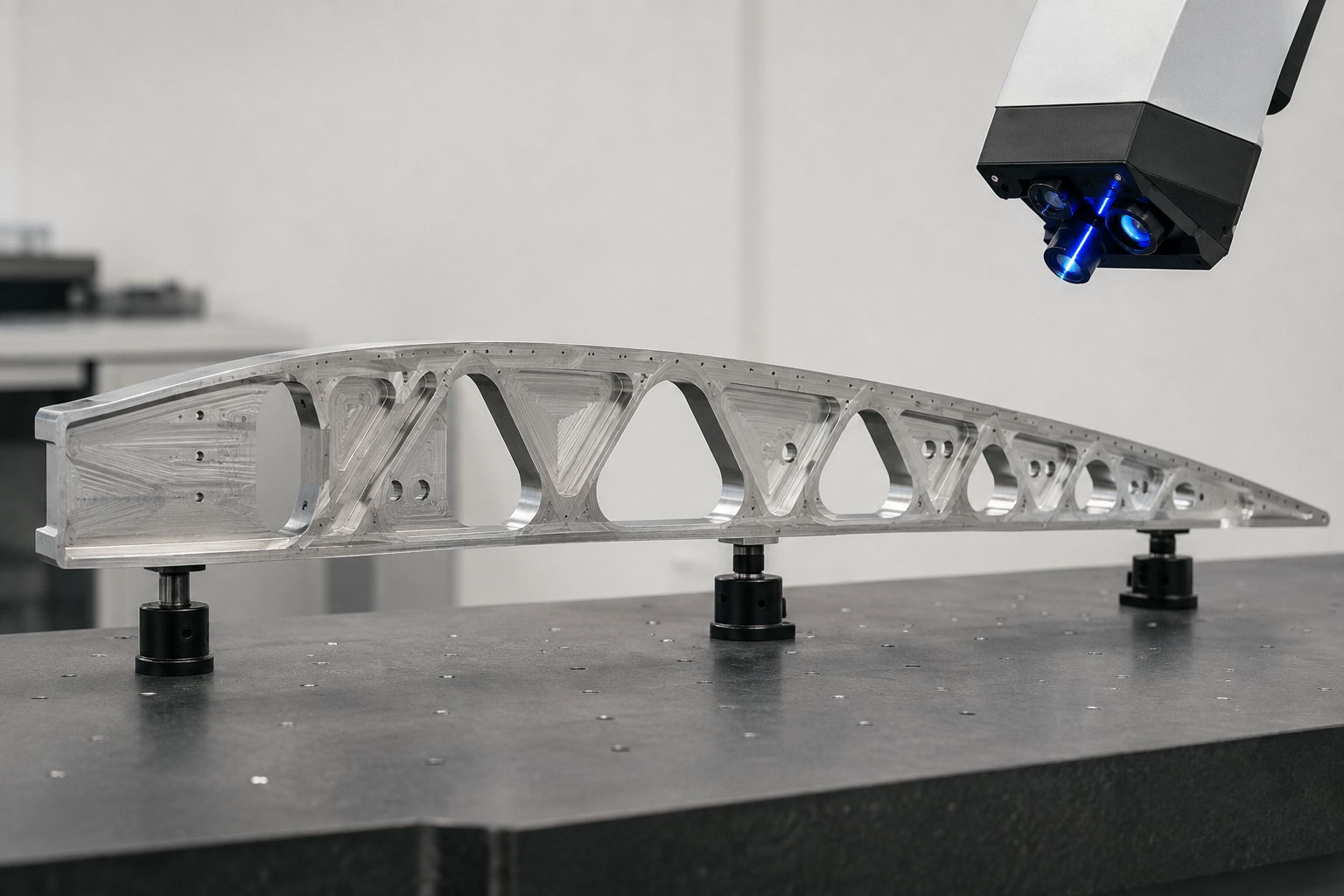Conceptual aerospace metrology scene showing a monolithic aluminum wing-rib specimen supported at three points while a non-contact scanner measures its free shape
