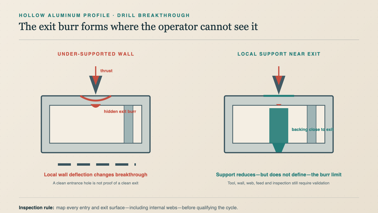 Cross-section diagram showing drill breakthrough, a hidden exit burr and local backing support inside a hollow aluminum profile