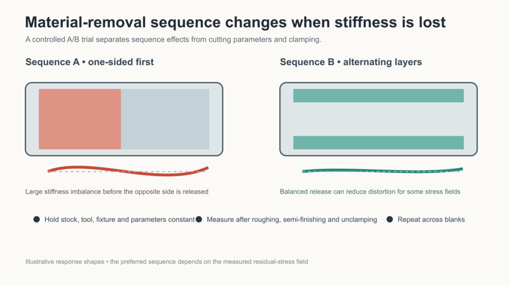 Four-stage material-removal sequence with distortion measured after unclamping at each stage