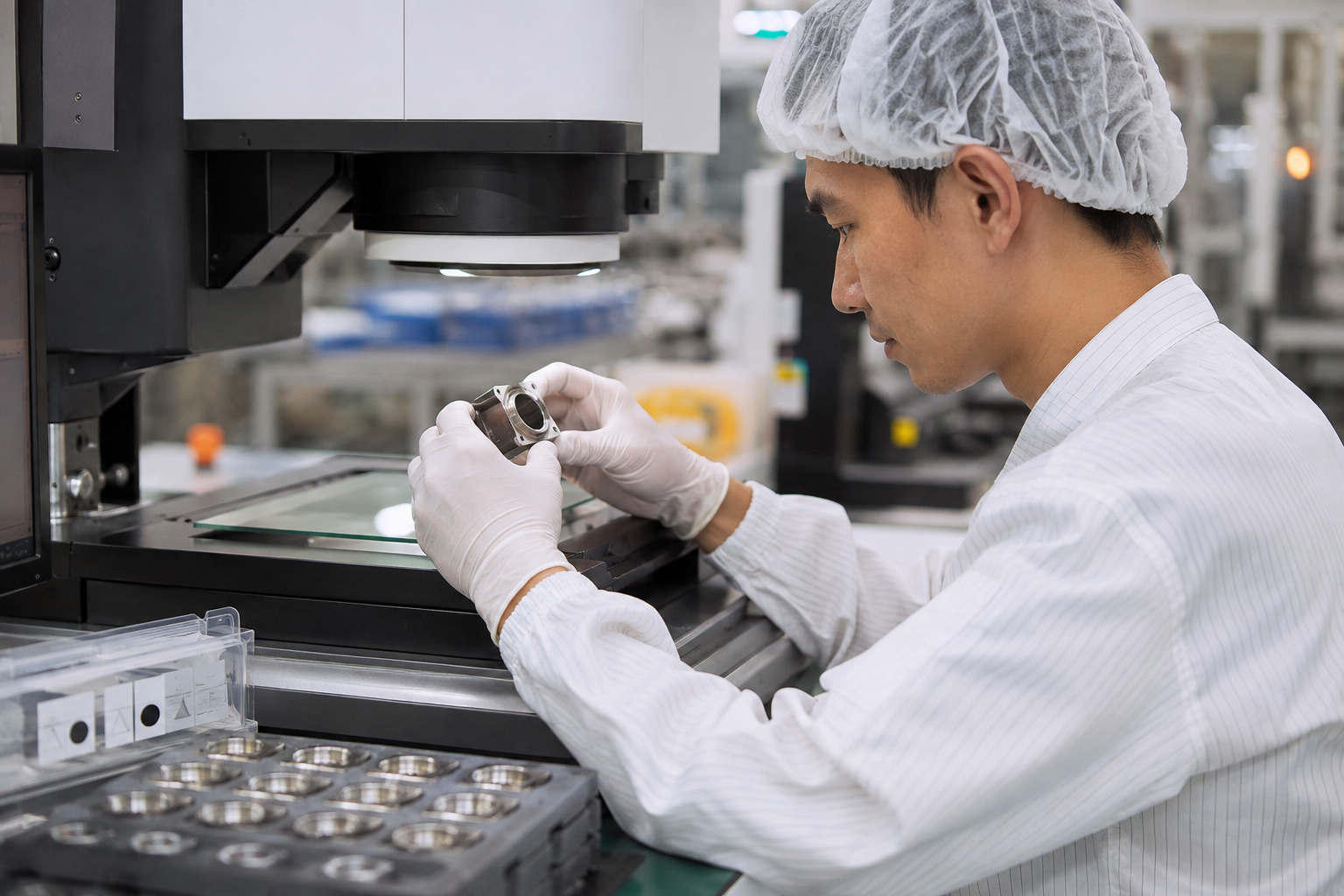 Conceptual clean manufacturing scene with a Southeast Asian engineer inspecting a small unbranded precision component on a vision-measurement system