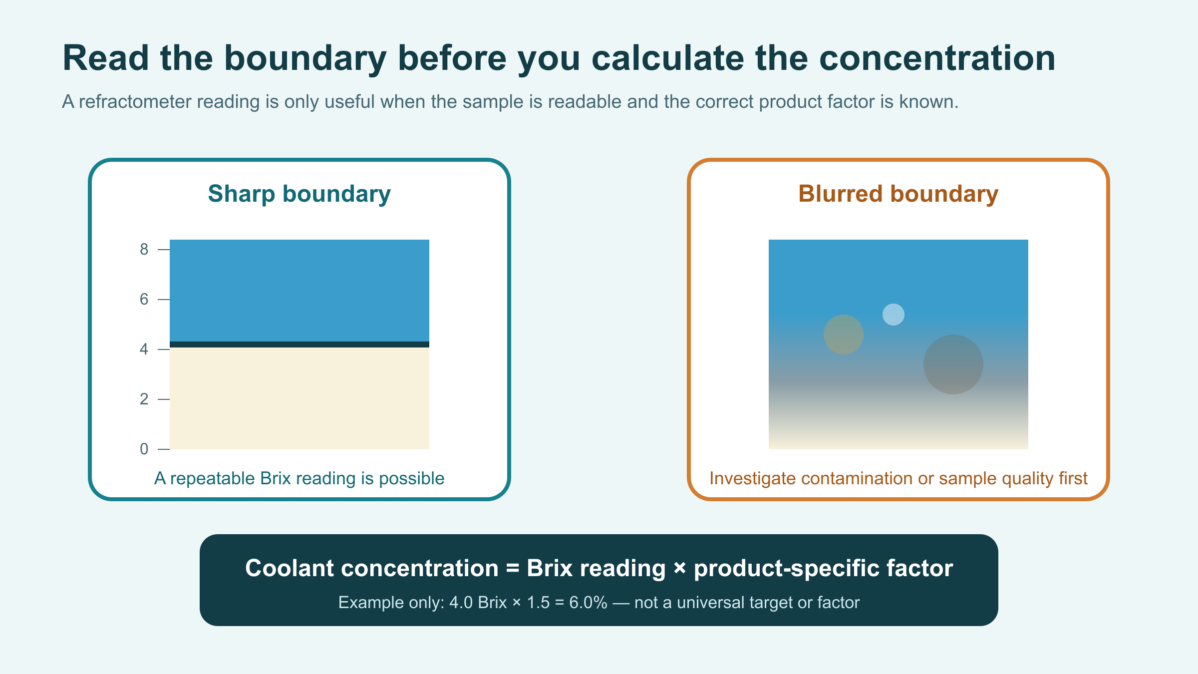 Refractometer scale comparing a sharp readable boundary with a blurred contaminated boundary and showing concentration equals Brix reading multiplied by the product-specific factor