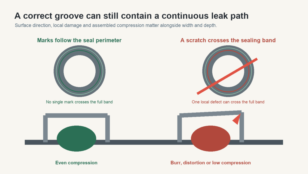Top and cross-section diagrams comparing machining marks that follow an O-ring seal perimeter with a scratch crossing the sealing band, plus even compression and a burr or distorted mating face