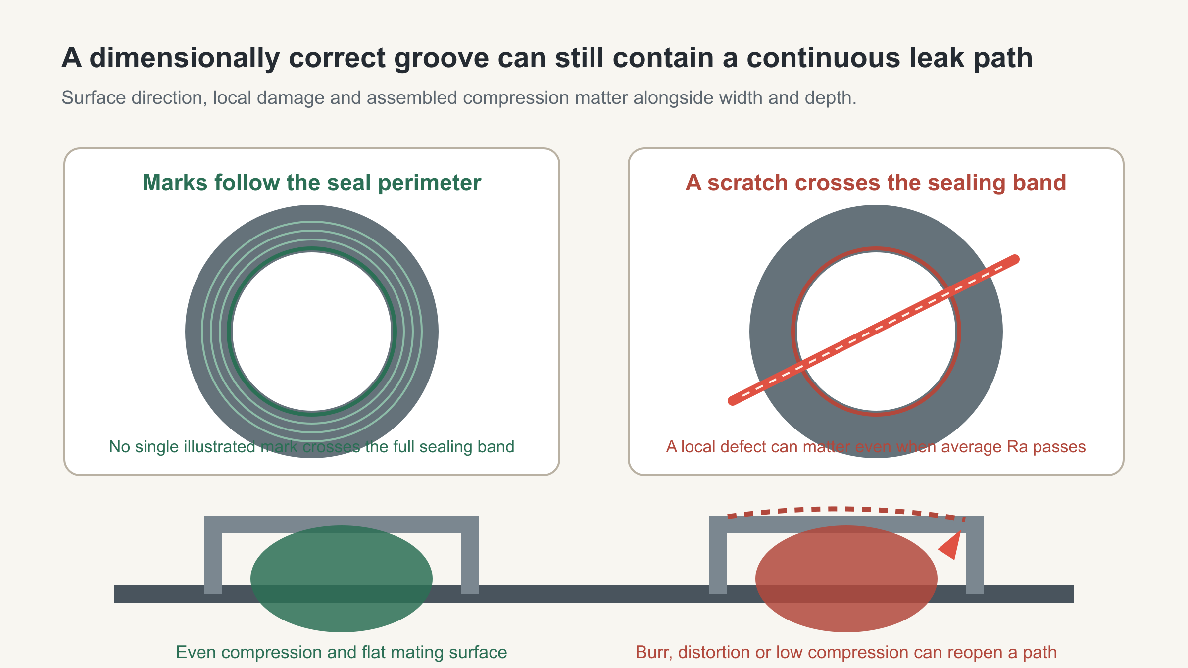Top and cross-section diagrams comparing machining marks that follow an O-ring seal perimeter with a scratch crossing the sealing band, plus even compression and a burr or distorted mating face