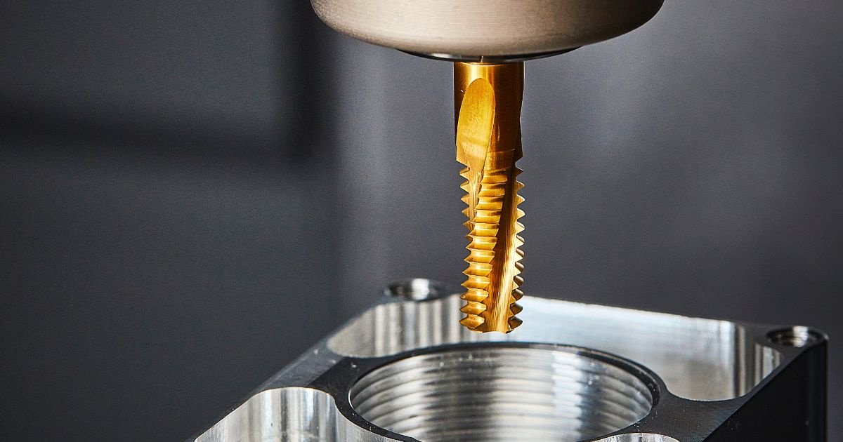 A thread mill above a threaded bore