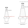 Dimensioned comparison of BT40 and BT50 tool holders, including taper and pull-stud sizes.